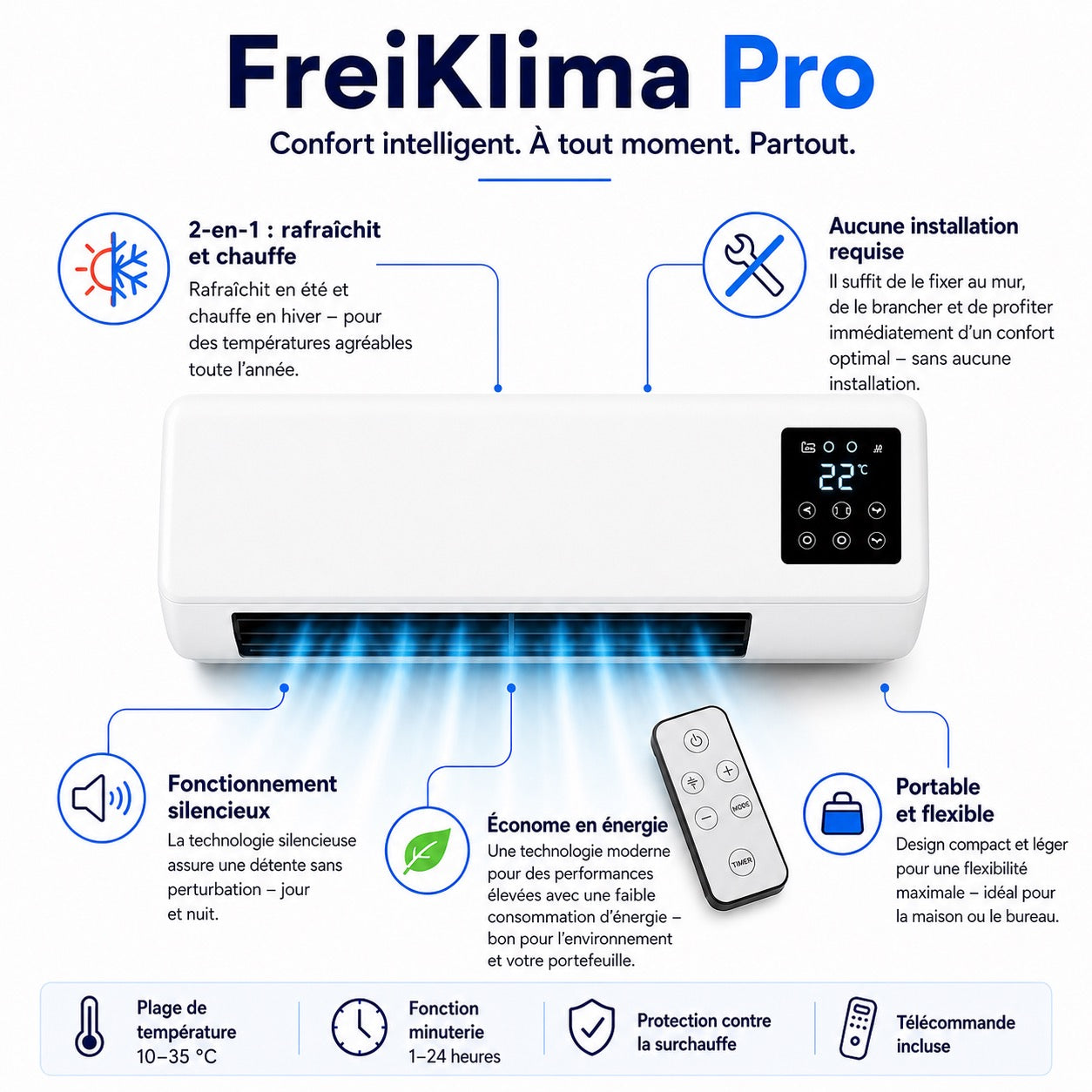 FreiKlima Pro – Climatiseur et chauffage portable sans installation | Climatisation 2-en-1 | Jusqu’à 51 m²