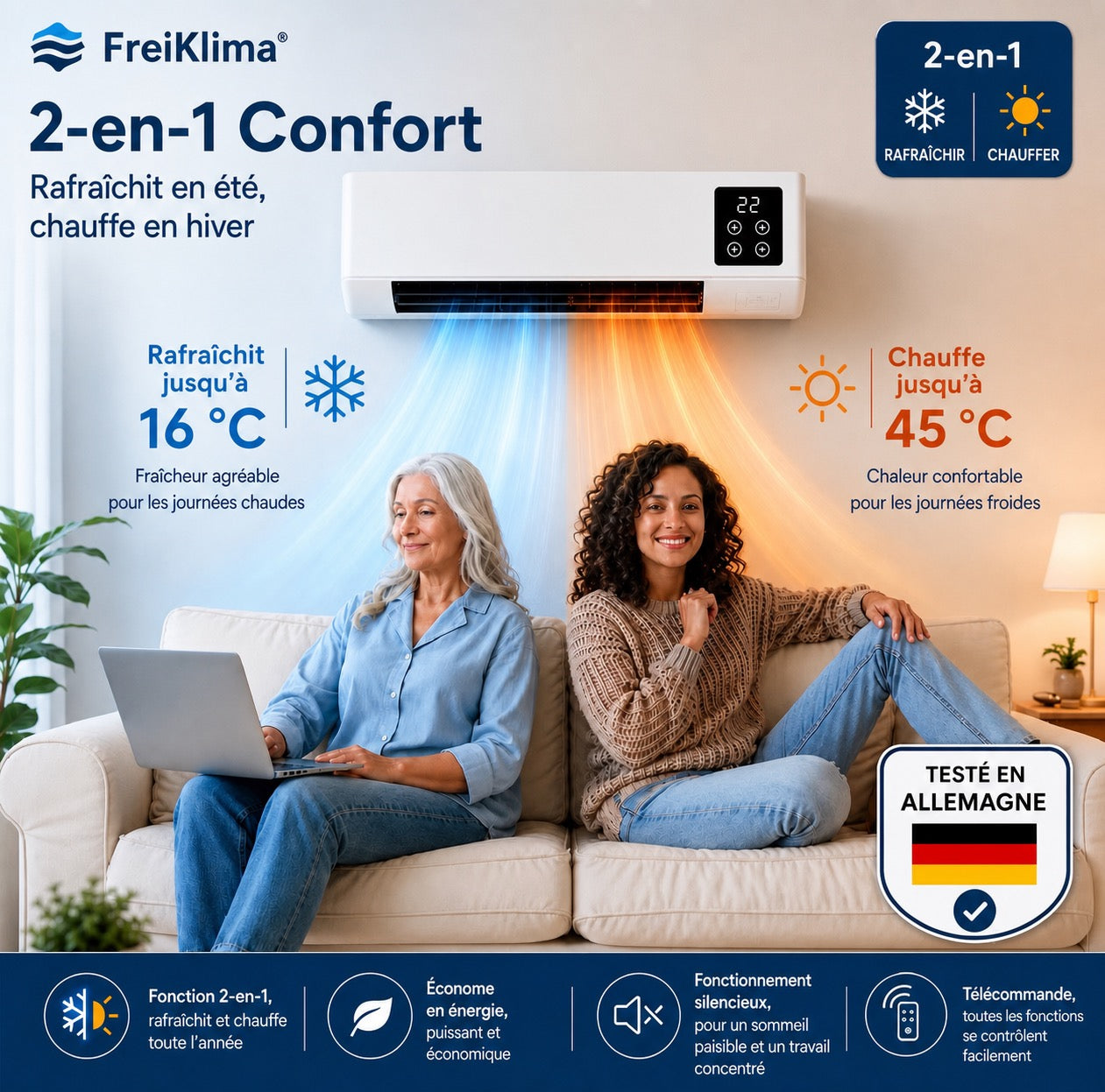 FreiKlima Pro – Climatiseur et chauffage portable sans installation | Climatisation 2-en-1 | Jusqu’à 51 m²