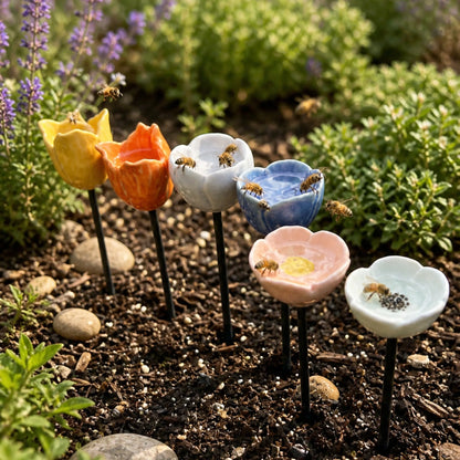 Hand-crafted Bee Flowers - Weatherproof Ceramic Drinkers, Set of 6