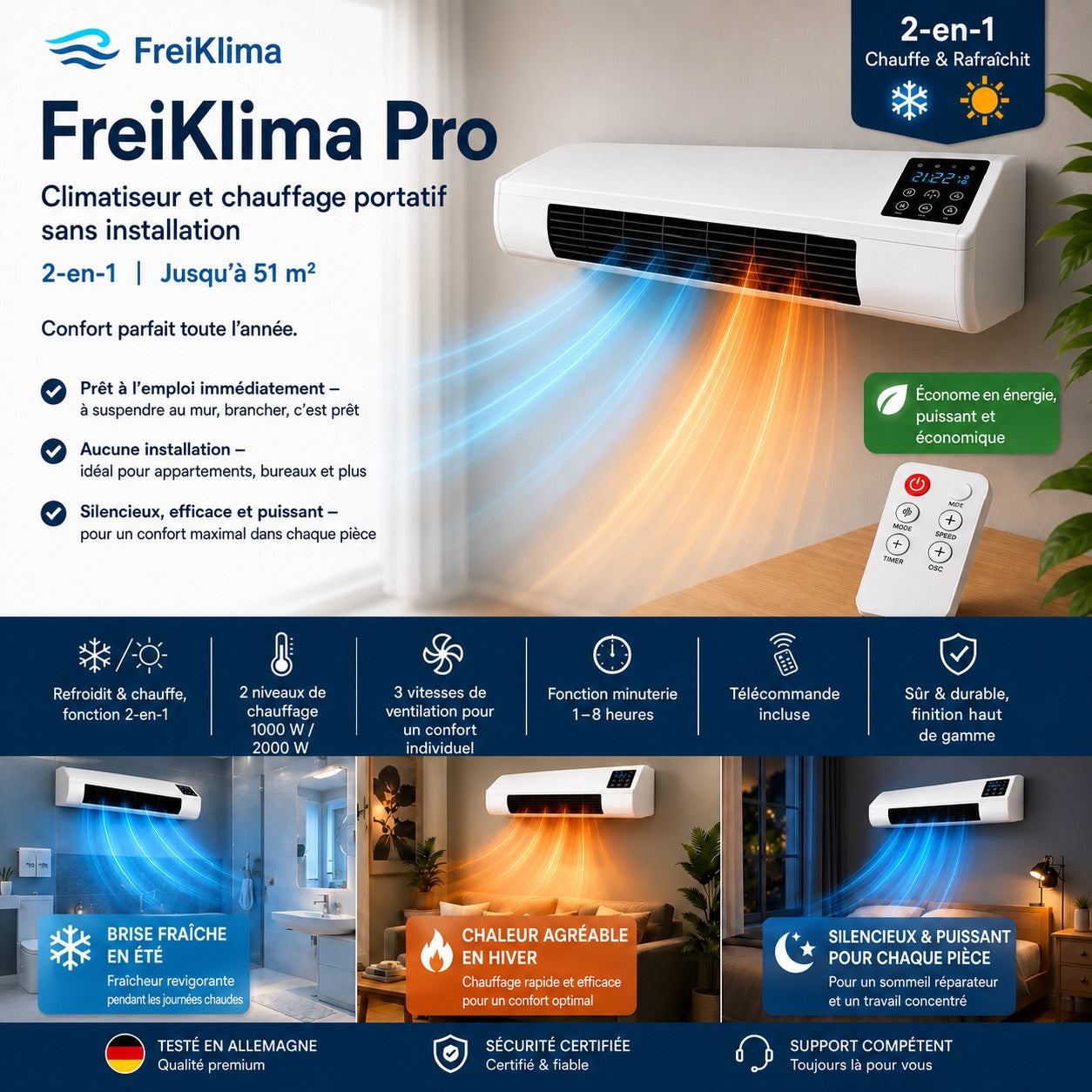 FreiKlima Pro – Climatiseur et chauffage portable sans installation | Climatisation 2-en-1 | Jusqu’à 51 m²