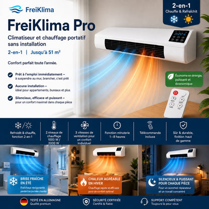 FreiKlima Pro – Climatiseur et chauffage portable sans installation | Climatisation 2-en-1 | Jusqu’à 51 m²