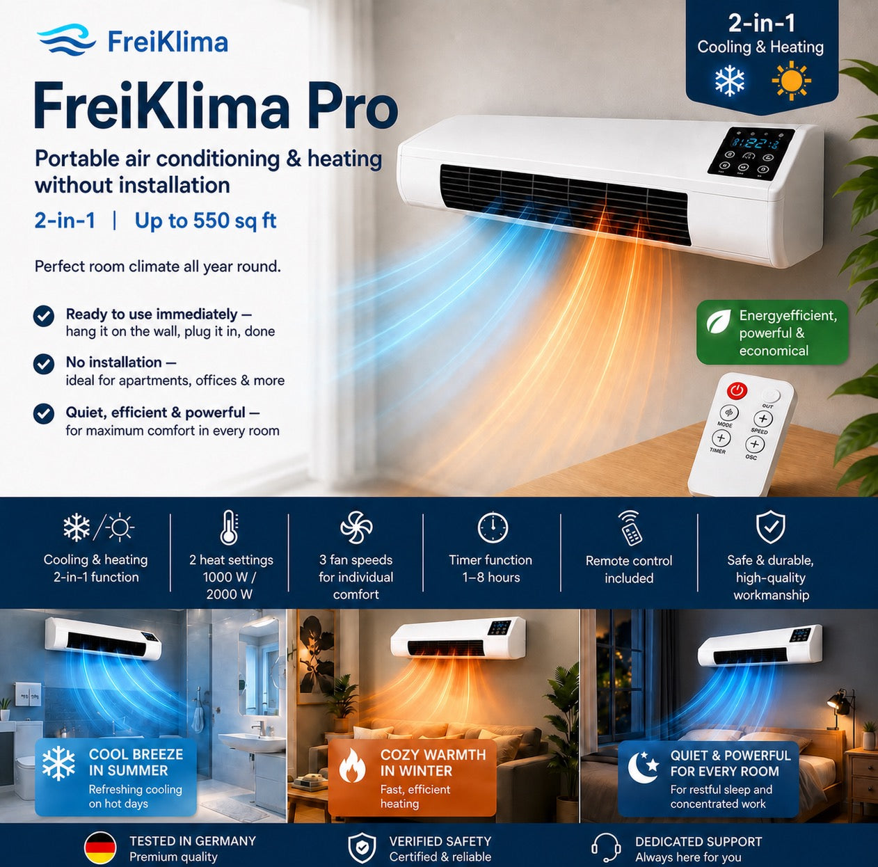 FreiKlima Pro – Tragbarer Klimakühler & Heizung ohne Installation | 2-in-1 Klimatisierung | Bis 51 m²