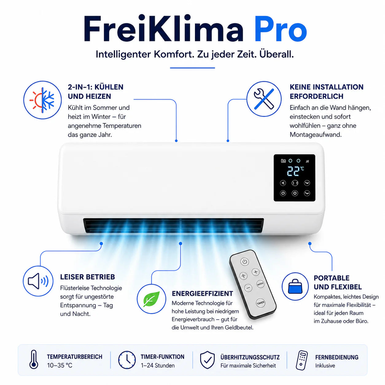 FreiKlima Pro – Portable Klimaanlage & Heizung ohne Installation | 2-in-1 Klimatisierung | Bis 51 m²